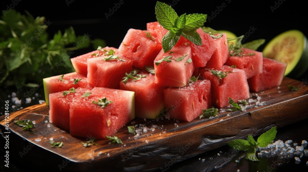 Pieces of fresh watermelon with board on black wooden table.