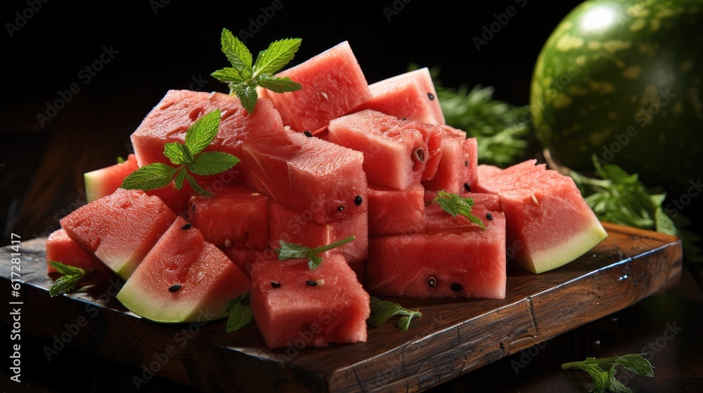 Pieces of fresh watermelon with board on black wooden table.