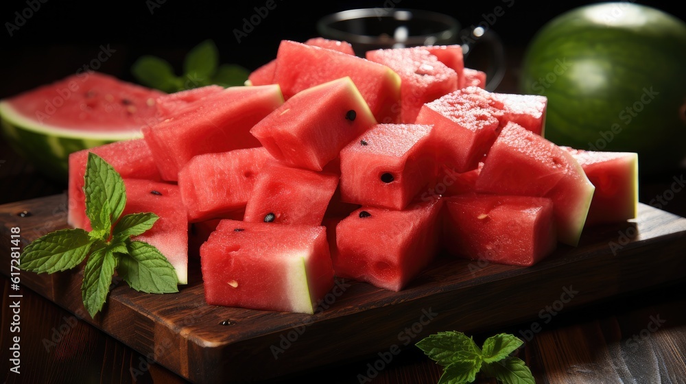 Pieces of fresh watermelon, Sliced red and ripe watermelon on the table.