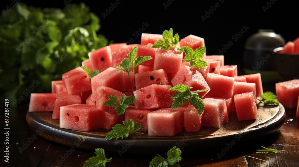 Pieces of fresh watermelon, Sliced red and ripe watermelon on the table.