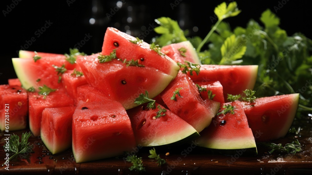 Pieces of fresh watermelon, Sliced red and ripe watermelon on the table.