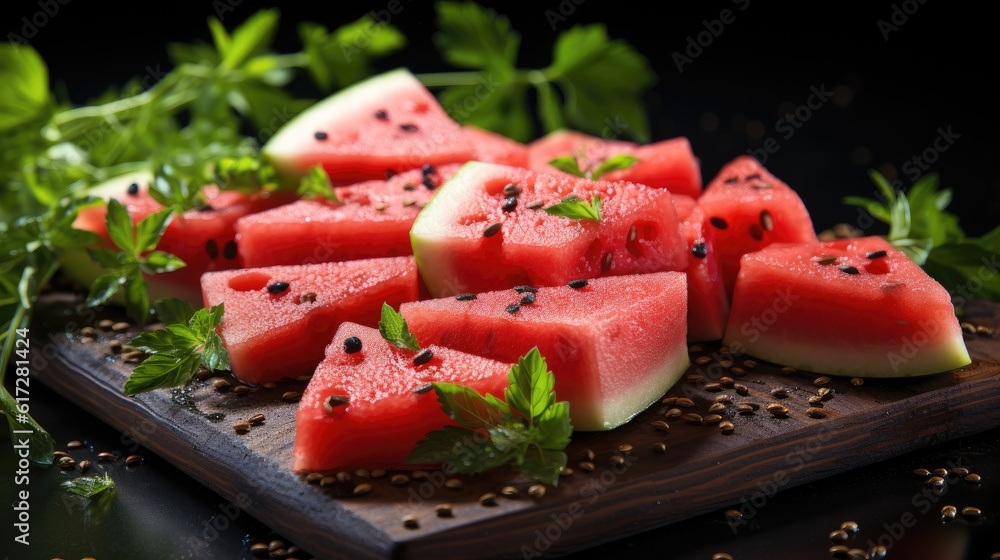 Pieces of fresh watermelon, Sliced red and ripe watermelon on the table.