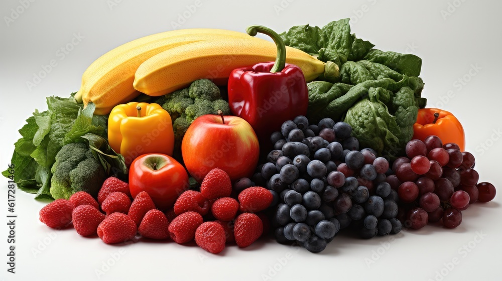 Fresh fruit and vegetables on a white background, Collection of various vegetables placed.