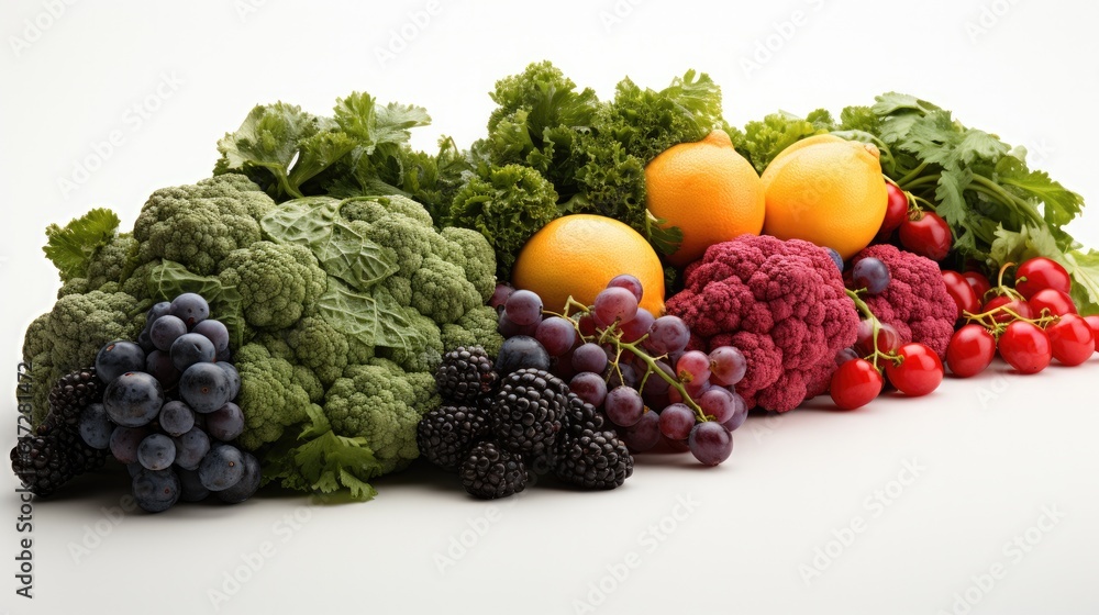 Fresh fruit and vegetables on a white background, Collection of various vegetables placed.