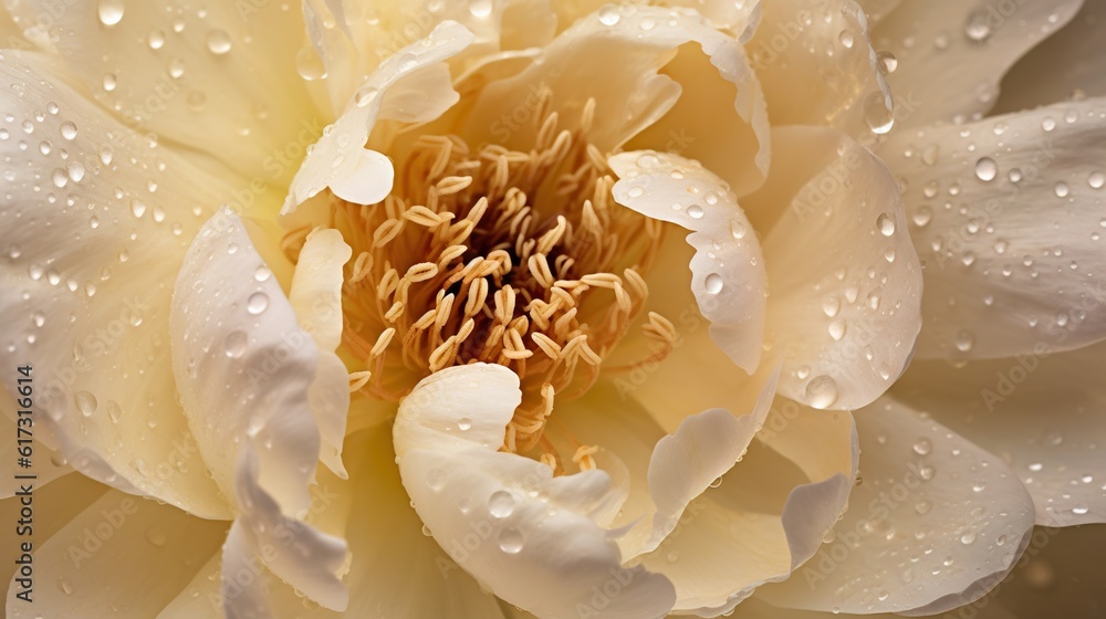 White Peony flowers with water drops background. Closeup of blossom with glistening droplets. Genera