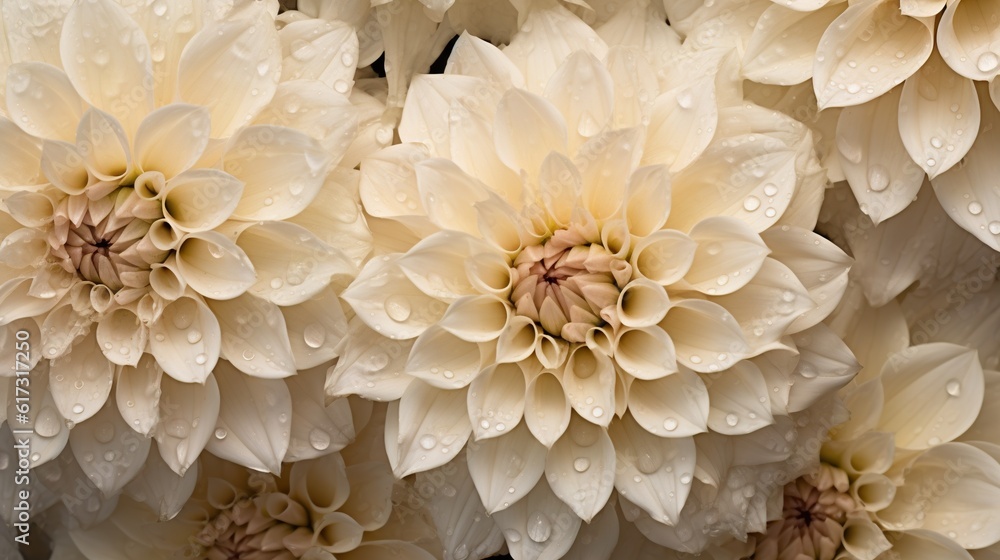 Creamy Dahlia flowers with water drops background. Closeup of delicate blossom with glistening dropl