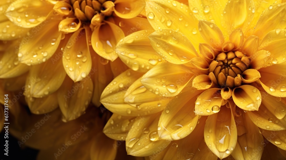 Yellow Dahlia flowers with water drops background. Closeup of delicate blossom with glistening dropl