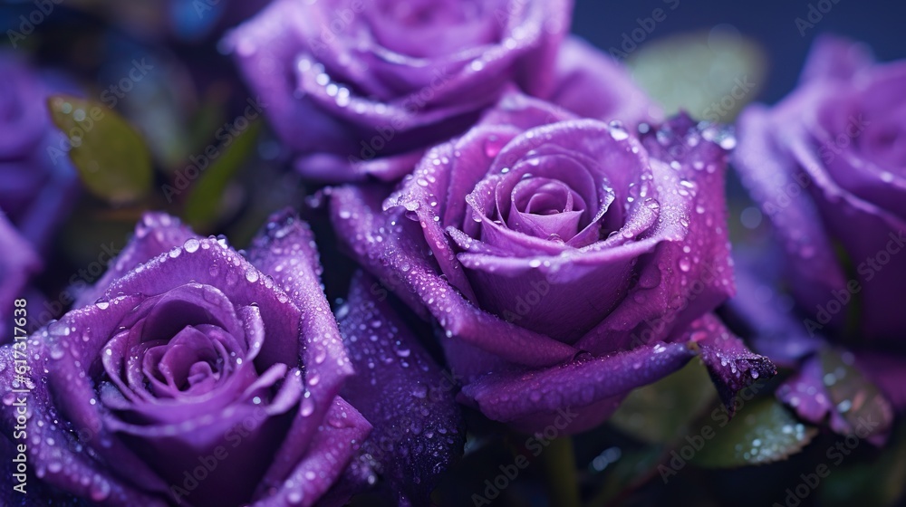 Purple Roses flowers with water drops background. Closeup of blossom with glistening droplets. Gener