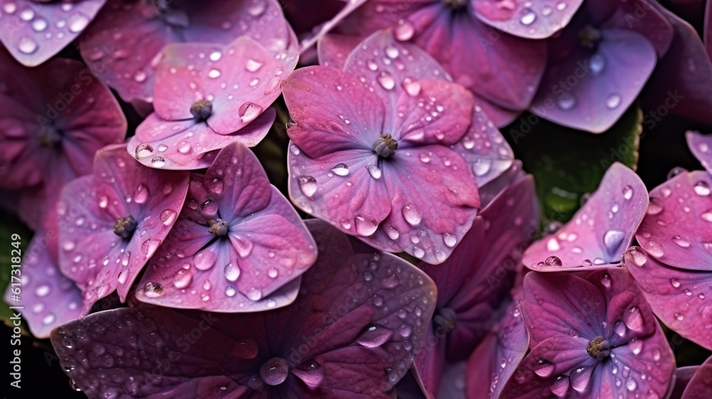 Purple Hydrangeas flowers with water drops background. Closeup of blossom with glistening droplets. 