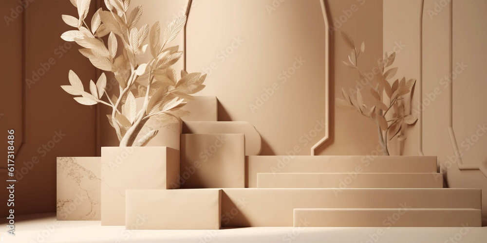 Beige podium for product display presentation. Sandstone and sandy colored plants. Generative AI