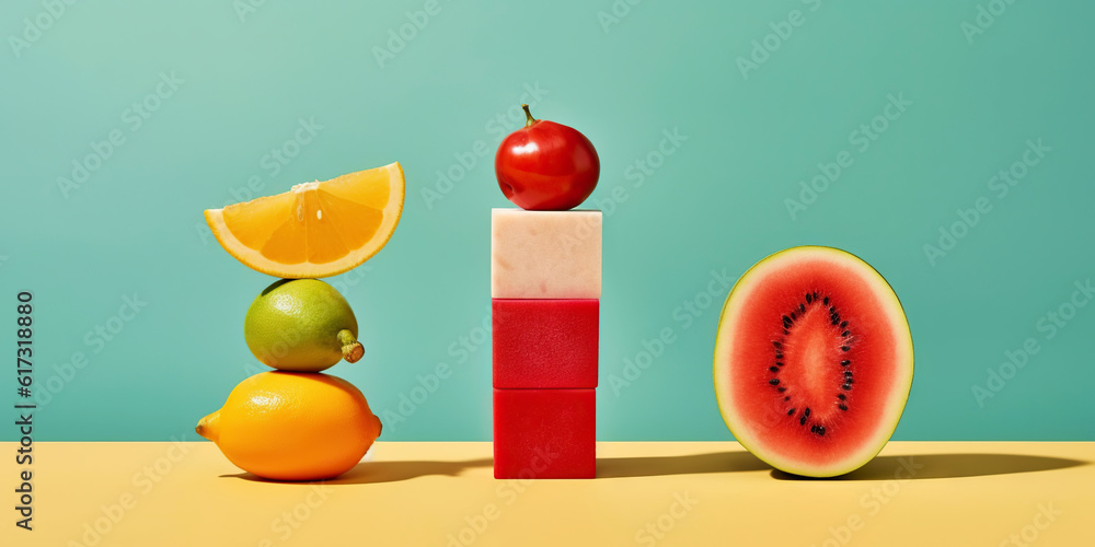 Equilibrium food balance diet concept. Balancing pyramid or tower of fruits. Generative AI