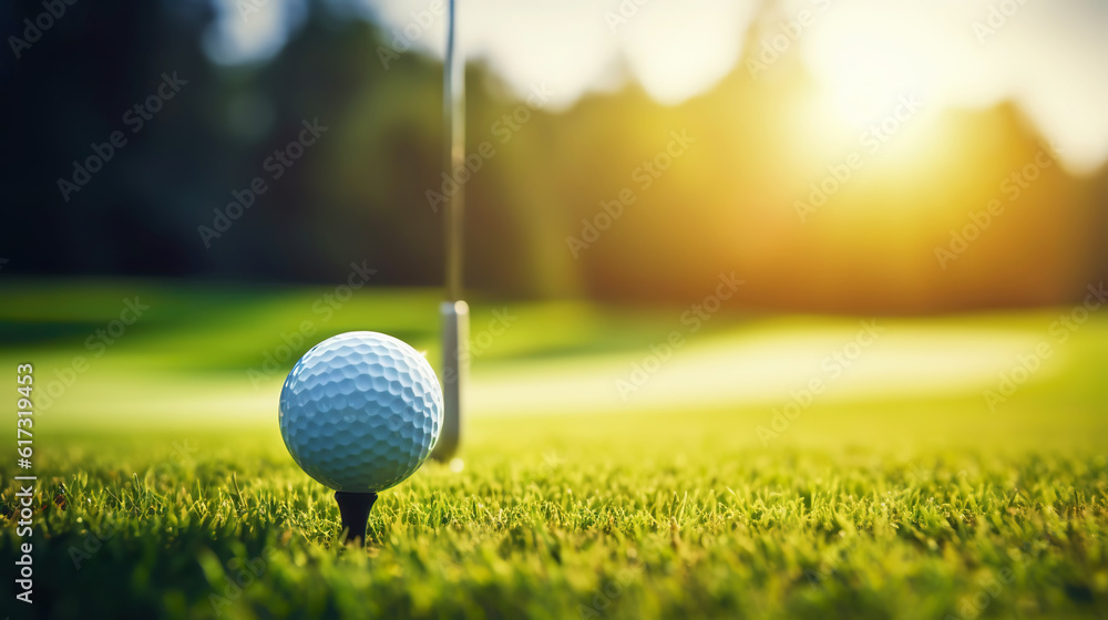 Golf club and golf ball on green grass background. Blurred backdrop. Outdoor sport on a sunny day. G