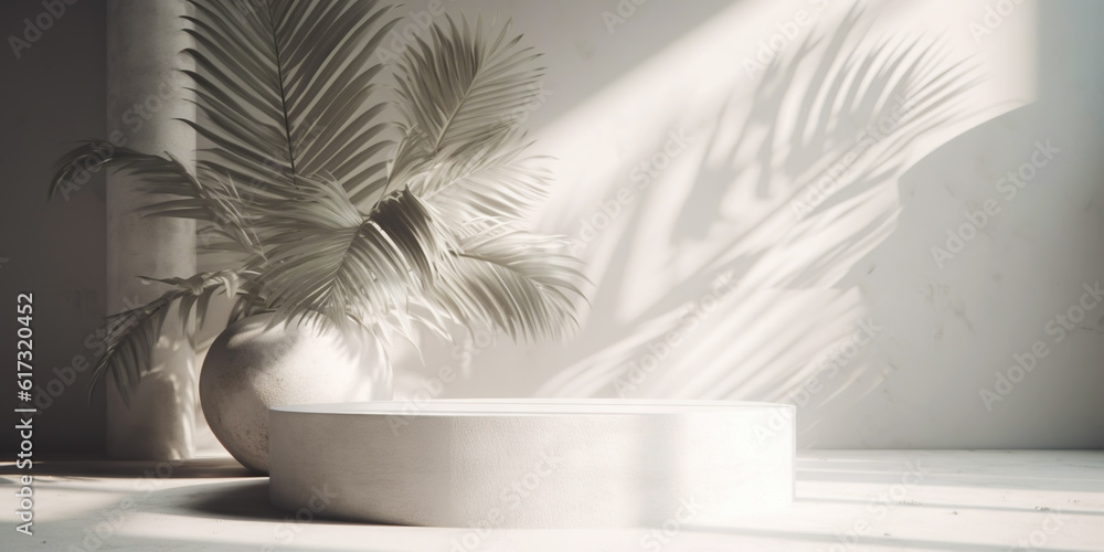 White product display podium with nature palm leaves. Generative AI