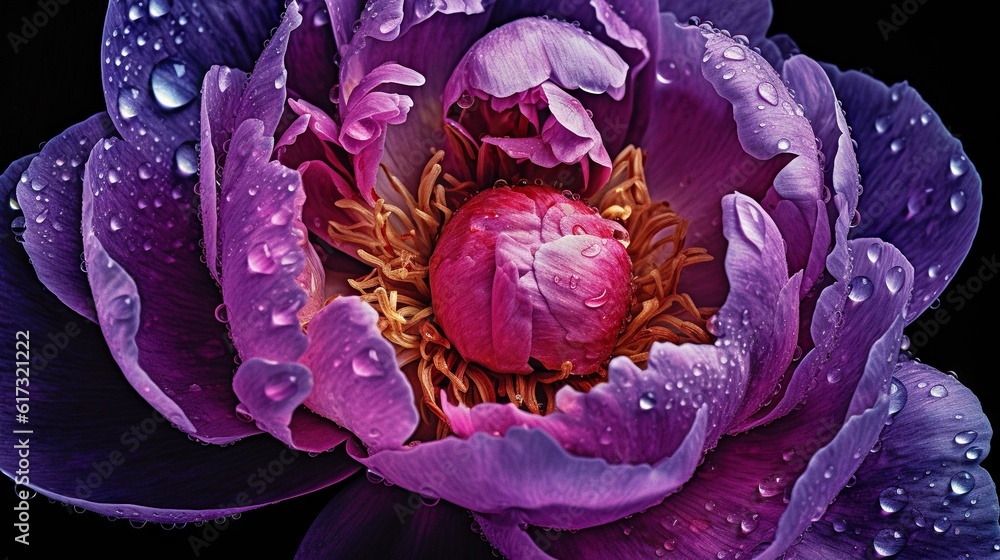 Purple Peony flowers with water drops background. Closeup of blossom with glistening droplets. Gener