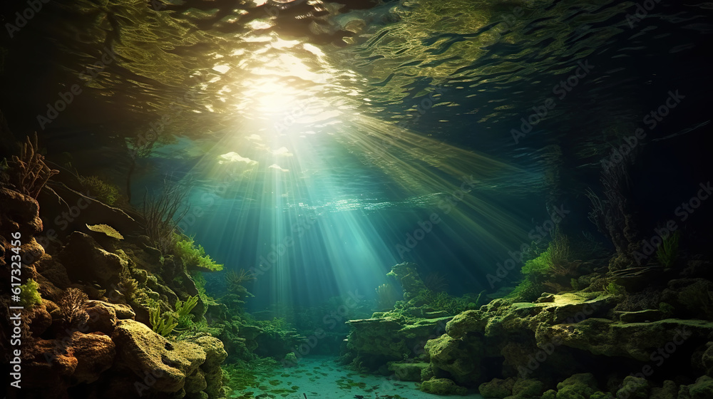 Underwater sunlight through the water surface seen from a rocky seabed with algae. Generative AI