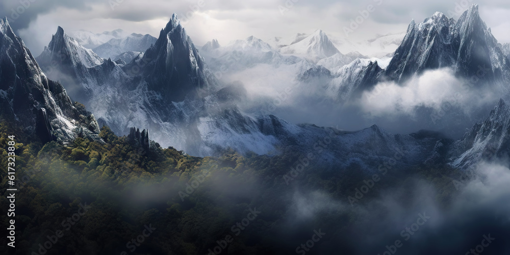 Dramatic snow-capped mountains landscape. Clouds and fog covers stone slopes. Generative AI