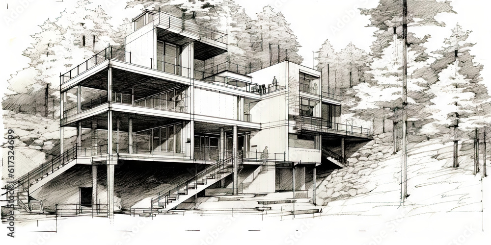 Detailed pencil sketch of modern suburban house. Abstract imaginary building concept. Generative AI