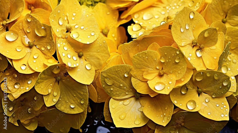 Yellow Hydrangeas flowers with water drops background. Closeup of blossom with glistening droplets. 