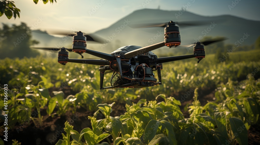 Agricultural drone in action, flying above a field. Precision farming by monitoring crop health, imp