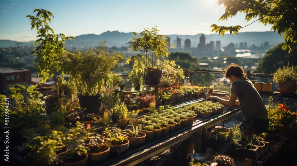 Owner working in an urban garden on a roof, Natural vegetable garden plant grow organic work, E-comm