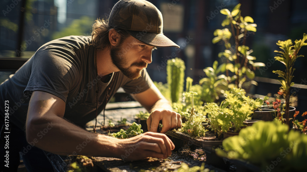 Owner working in an urban garden on a roof, Natural vegetable garden plant grow organic work, E-comm