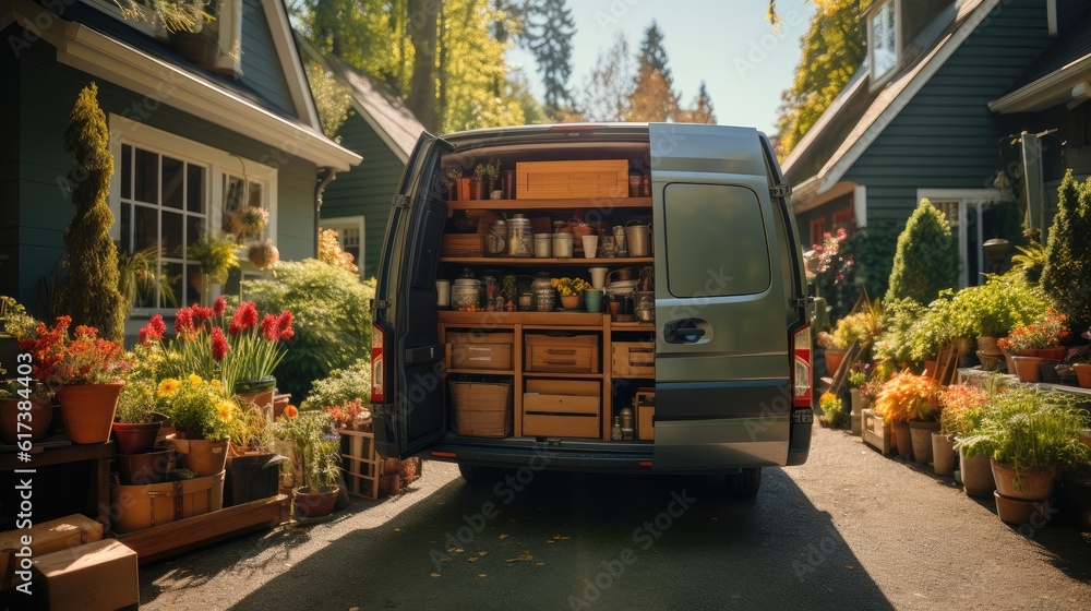 Delivery truck full of home stuff inside, Moving to new house, Family relocated to new home, Boxes w