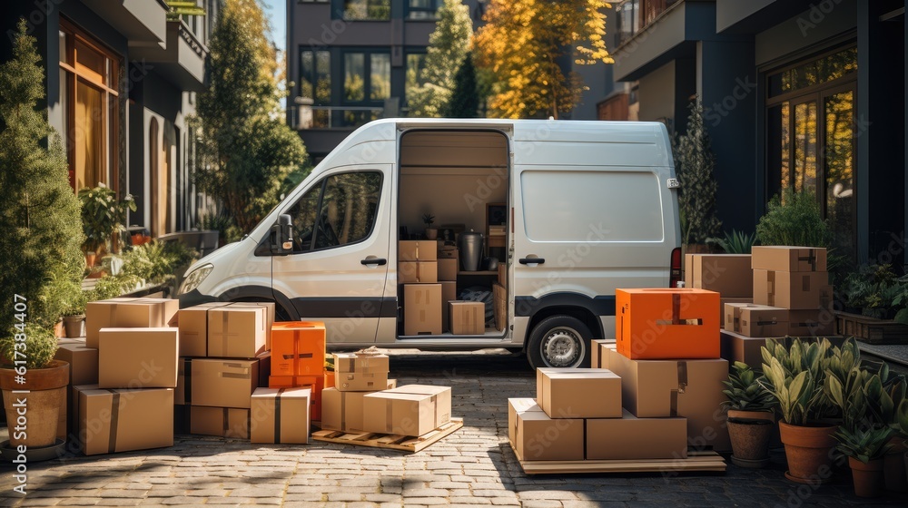 Delivery truck full of home stuff inside, Moving to new house, Family relocated to new home, Boxes w