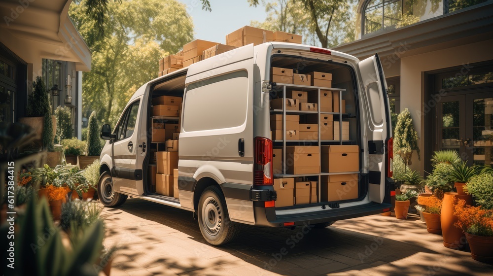 Delivery truck full of home stuff inside, Moving to new house, Family relocated to new home, Boxes w