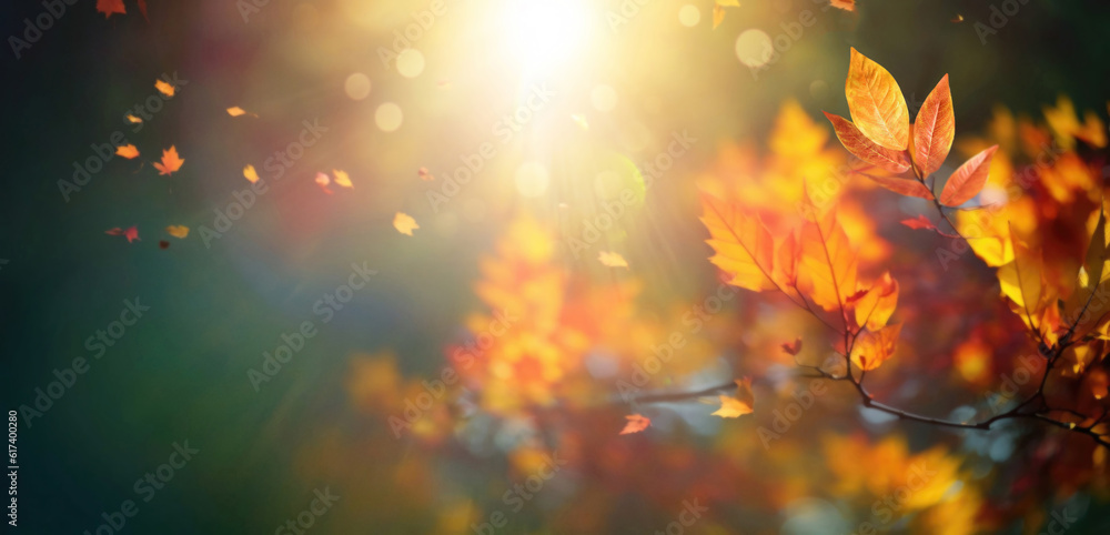 Beautiful blurred autumn background with yellow-gold leaves in the rays of sunlight on a dark natura