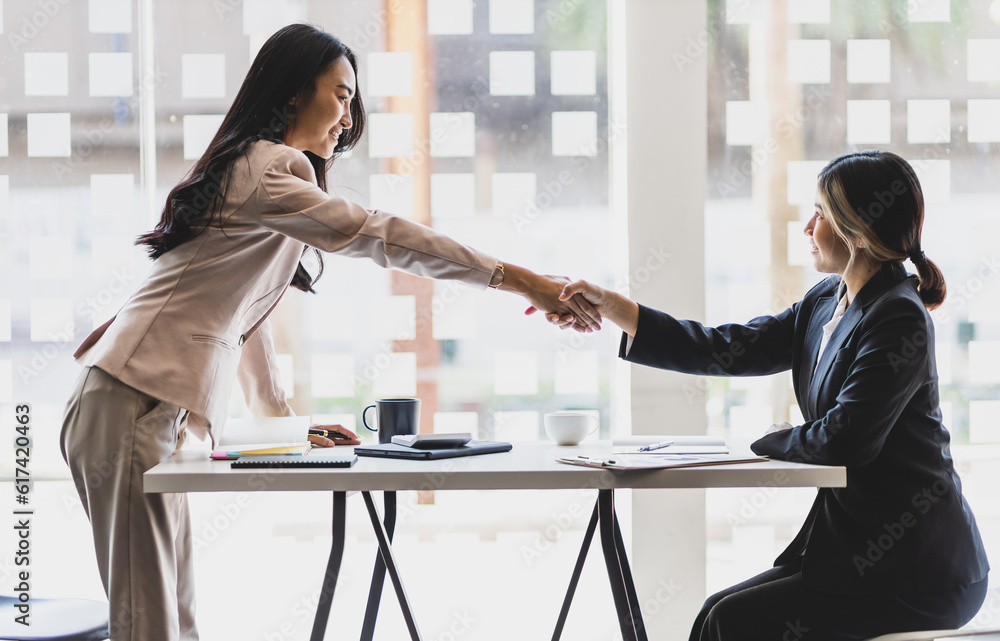 Partner, colleague, businesswoman shaking hands at business meeting, job interview.