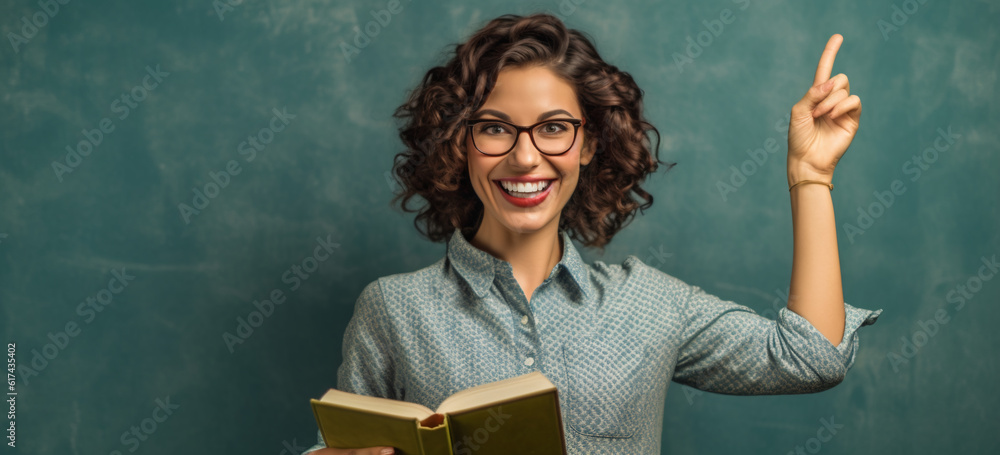 female teacher with books pointing to blackboard in class.  Image generative AI.