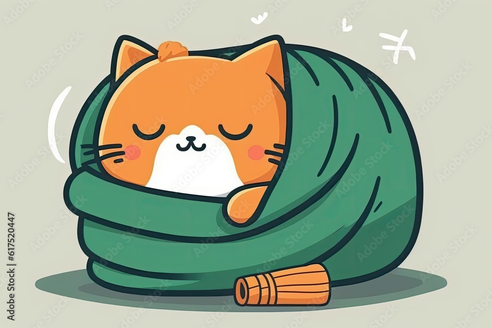 sleeping cat curled up in a cozy green blanket. Generative AI