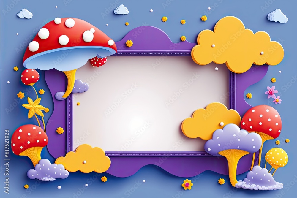 picture frame with colorful mushrooms and flowers on a tranquil blue background. Generative AI