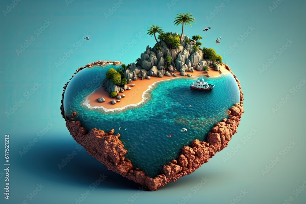 heart-shaped island surrounded by clear blue water and sandy beaches. Generative AI