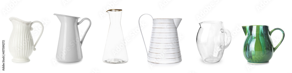 Collage of stylish jugs on white background