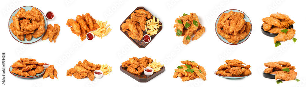 Set of tasty nuggets on white background