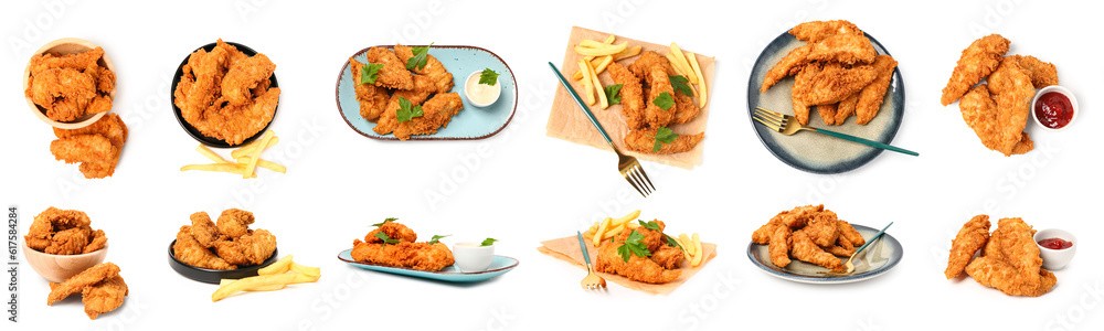 Collage of tasty nuggets on white background