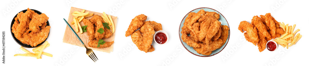 Set of tasty nuggets on white background, top view