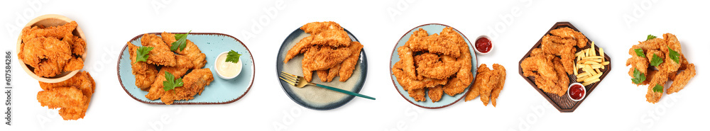 Collage of tasty nuggets on white background, top view