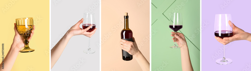 Collage of female hands holding bottle and glasses of wine on color background