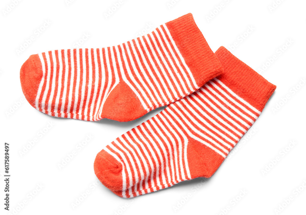 Pair of red baby socks on white background