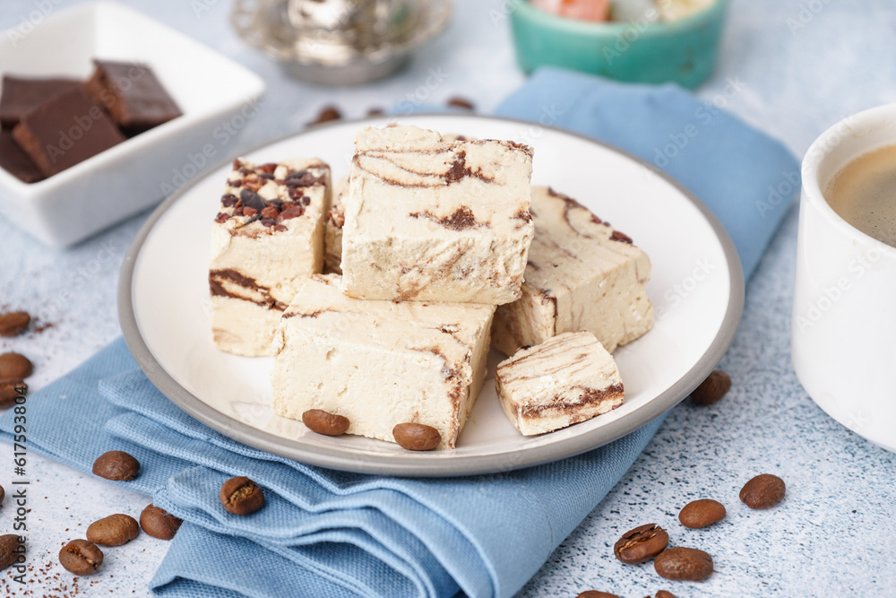 Plate with pieces of tasty marble halva on light background