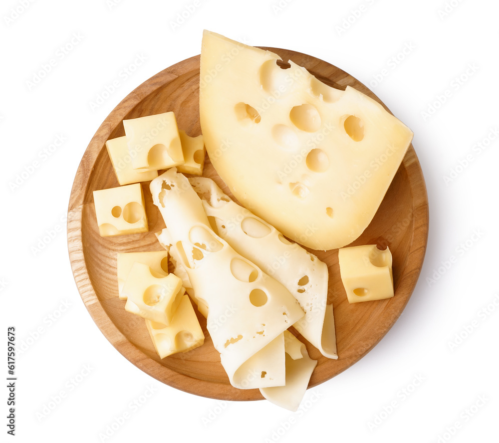 Piece, cubes and slices of Swiss cheese with wooden board on white background