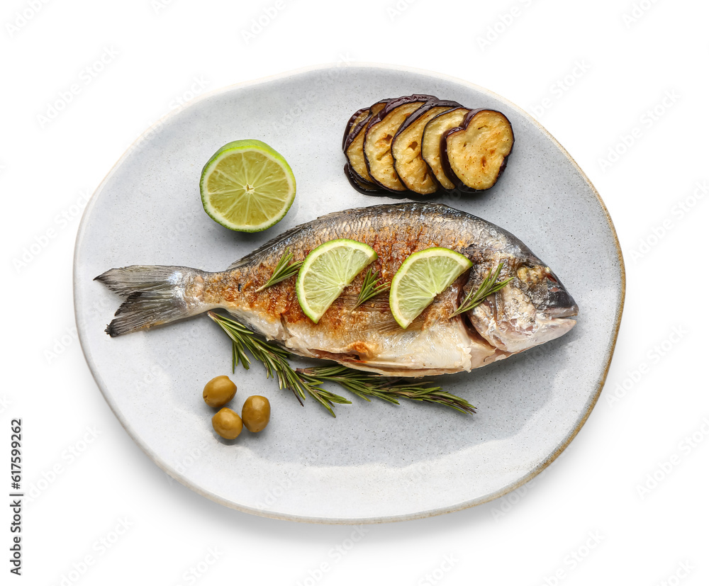 Plate with tasty grilled dorado fish on white background