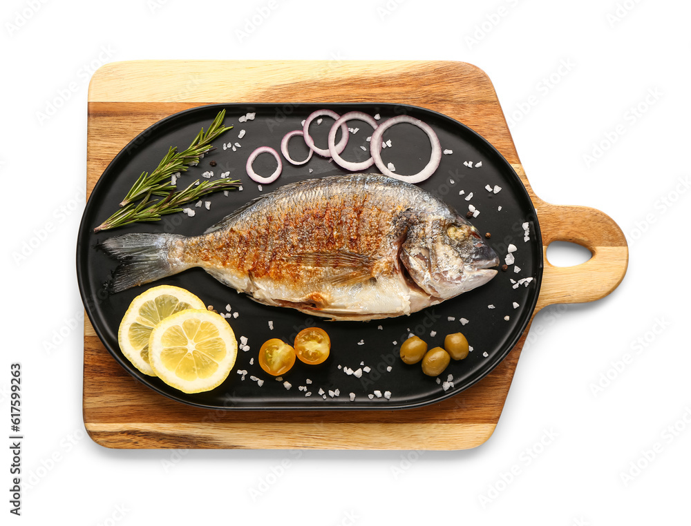 Tray with tasty grilled dorado fish on white background