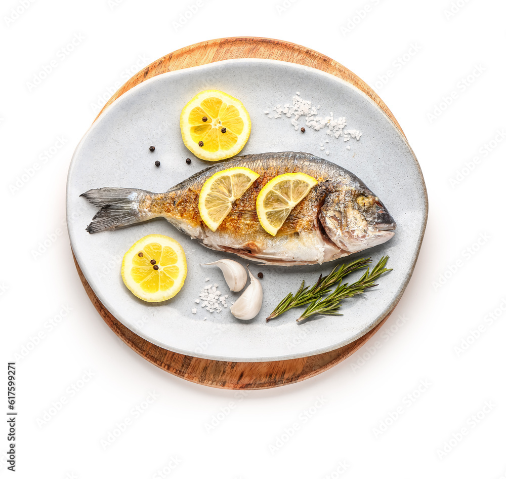 Plate with tasty grilled dorado fish on white background