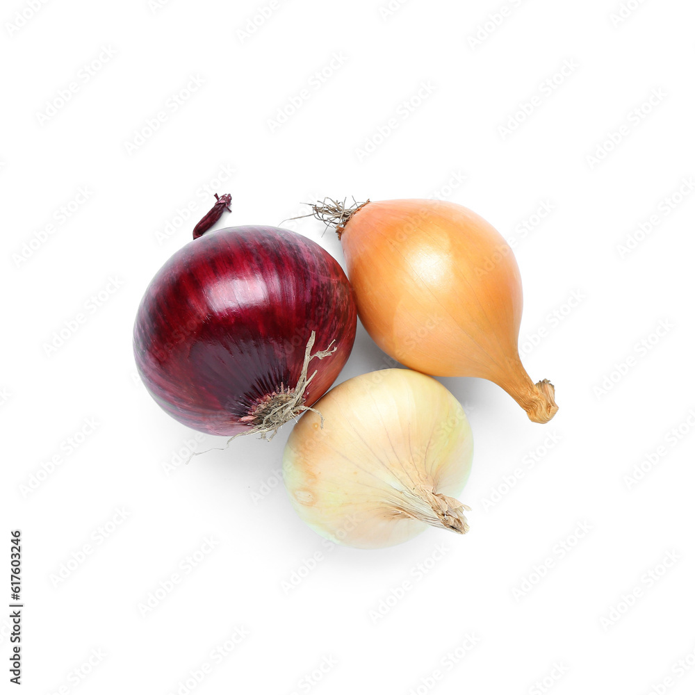 Different kinds of onion isolated on white background