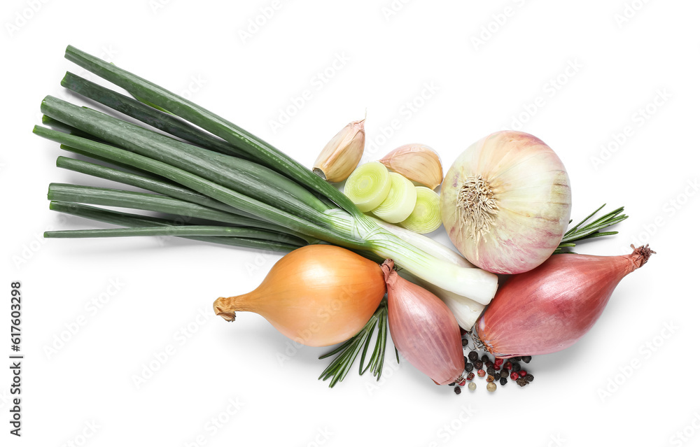 Different kinds of onion with garlic and peppercorns isolated on white background