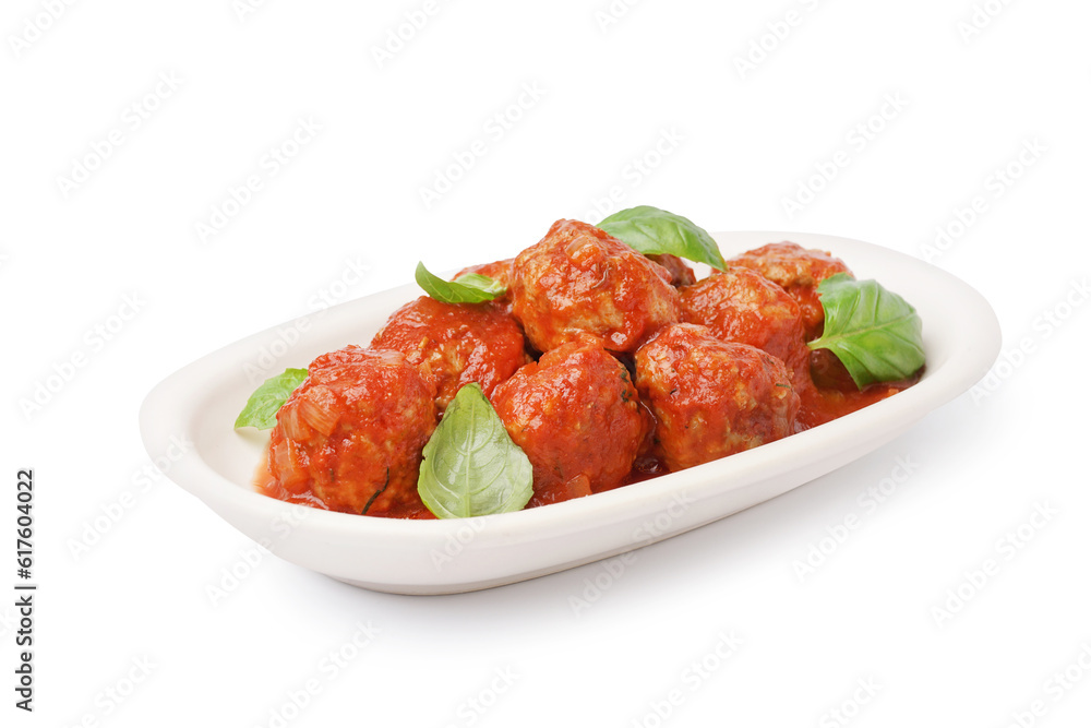 Plate of tasty meat balls with tomato sauce and basil on white background