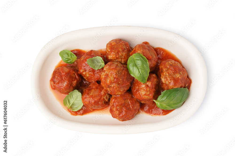 Plate of tasty meat balls with tomato sauce and basil on white background